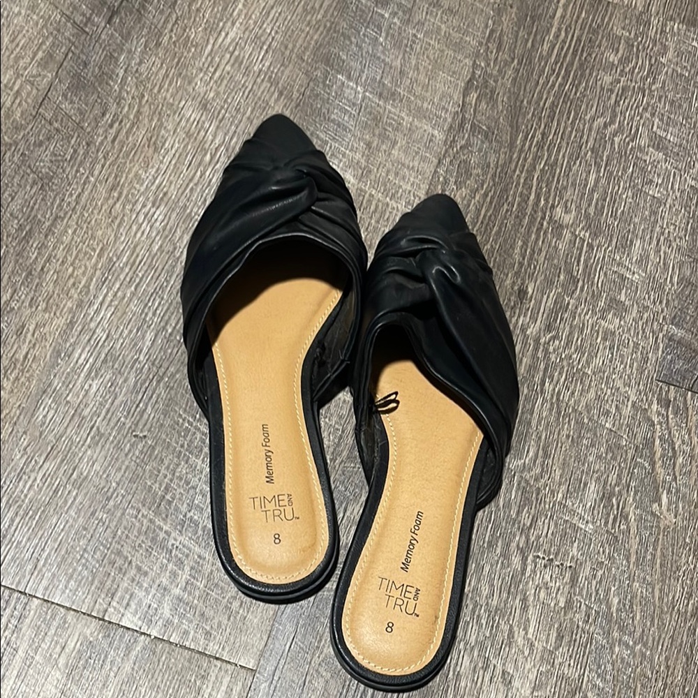 Time and Tru Black Mules with Pleated Detail